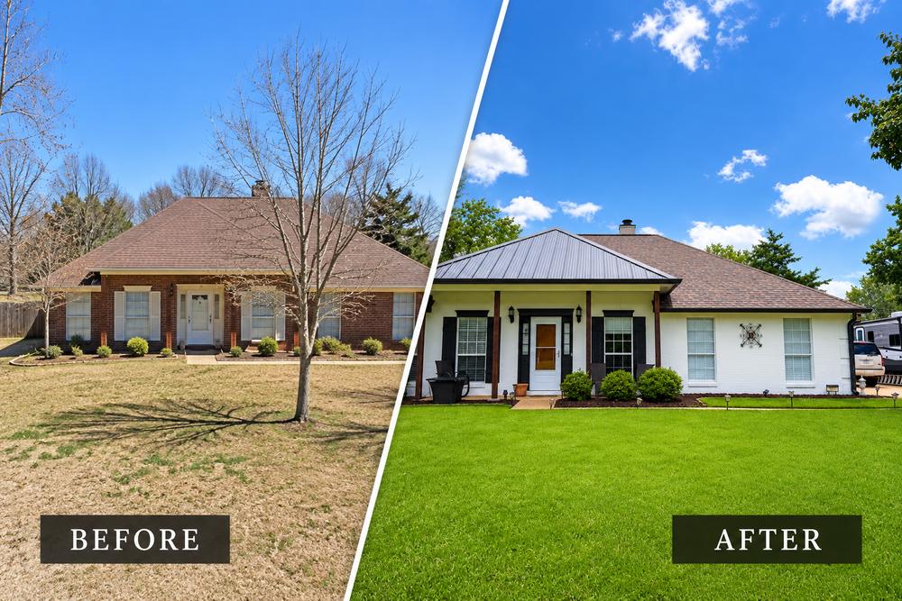 The same central Mississippi brick ranch house before and after: the before shows a dated brick exterior and a patchy dormant lawn; the after shows the brick painted white with black shutters, a new roof, fresh landscaping beds and a full green lawn.